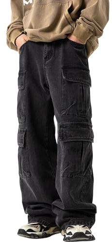 Baggy Cargo jeans för män Y2K hiphop grunge vintage jeans lös passform streetwear, A #svart, L