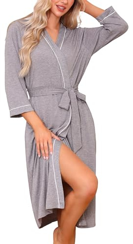 Wikoan Stickad badrock långa klänningar för kvinnor, lätt och mjuk V-ringad morgonrock för bad för alla årstider, badrock pool S-XXL, Färg: grå, L