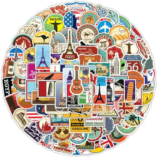 100 Pcs Travel Maps Stickers, Vintage World Famous Country City Regions Logo Stickers for Adult Children, Waterproof Luggage Sticker for Suitcases Laptop Skateboard Bicycle Scrapbook Luggage Geography