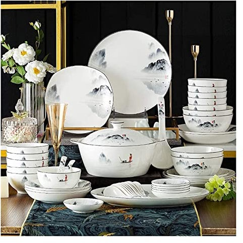 HAVVMK Geschirrsets für Dinnerpartys, 60-teiliges Geschirrset, Porzellanset im antiken chinesischen Stil, Essgeschirrset, Teller/Schüsseln/Löffel und Suppentopf, Service für 12 Personen
