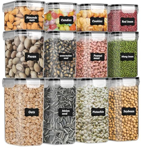 DUOJIN 12er Vorratsdosen luftdicht Lebensmittel Lagerung Container BPA-frei PP Container mit Schloss Deckel auslaufsicher, Müsli Schüttdose Frischhaltebox mit 32 Etiketten & Stift (Schwarz)