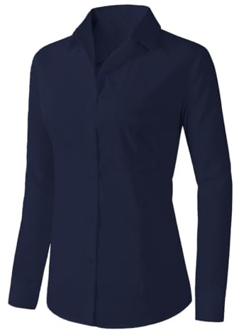 Friptspyg Bluse Damen Langarm Elegant Hemdbluse Lässiges Langbluse V-Ausschnitt Oversize Bluse Oberteile Tops mit Tasche,Dunkelblau XL