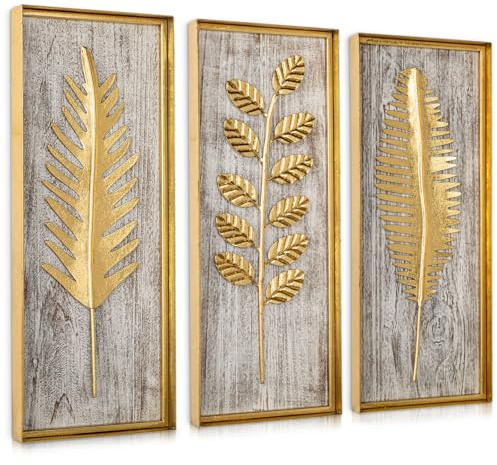 Briful Metall Wanddeko 3er Set – Goldene Blätter auf Holzoptik, 40x16 cm – Modernes Wandbild aus Holz & Metall – Wohn- & Schlafzimmer Deko, Boho Vintage Stil, Wandkunst mit Naturmotiv
