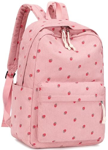 LEDAOU Rucksack für Teenager Mädchen Schulrucksack große Büchertaschen Grundschule High School Cord leichte Laptop-Taschen für Mädchen Frauen Casual Travel Daypacks (Cord Erdbeerrosa)