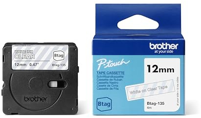 Brother Original Btag-135 Schriftband 12 mm breit, 4 m lang, weiß/transparent