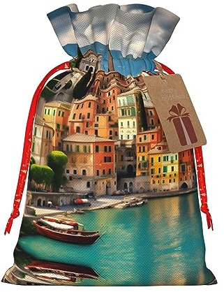 HJLUUFT Schöne Jute-Tasche mit Italien-Druck, Weihnachts-Geschenktüte mit Kordelzug und Geschenkanhänger, für Hochzeit, Weihnachten, Party