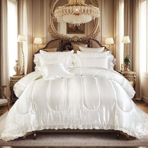 Silk Like Satin Comforter Set with Sheet Set King 8 Pcs White Satin Bedding Set Silky Ruffle Pattern Home Deocr Luxury Hotel Silky Bed in a Bag with 1 Cushion Cover