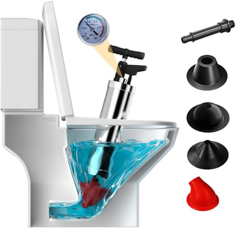 Qcesorib Desatascador Tuberias Profesional con 4 Cabezas de Pistón, Desatascador WC Desatascador a Presion con Barómetro, Desatascador Tuberias a Presion, para Cocina, Baño