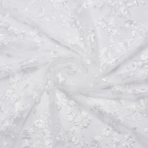 WEBEEDY 2 Yard Weiße Tüll Mesh Blumen Spitze Stoff Hochzeit Zubehör 130cm Breiter Blumenstickerei Tüll Spitzenstoff Für DIY Bastelarbeiten Hochzeitsfeier Kleid