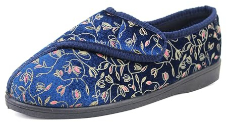 IMTY Womens Wide Opening Diabetic Orthopaedic Machine Washable Touch Fasten Slippers Ladies Floral Velour House Shoes