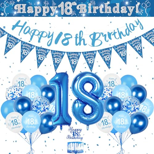 Luftballon 18. Geburtstag Blau, Geburtstagsdeko 18 Jahr Junge, 32 Zoll Blau Luftballons Zahlen 18, Deko 18. Geburtstag Junge Happy Birthday Banner Kindergeburtstag Deko