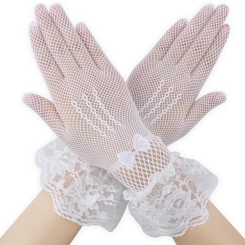 Damen Spitzenhandschuhe Weiß Kurze,1PCS Romantische florale Spitzenhandschuhe mit Schleife Diamanten,für Hochzeiten,Dinnerpartys,Halloween,Cosplay,Sommer Abend Hochzeit,Abschlussball und Abend