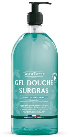 BeauTerra - Gel Douche Surgras 1L Aloe Vera - Corps, Visage & Cheveux - Tous Types de Peaux - Sans Savon - Glycérine - Huile d'Olive - Fabriqué en France