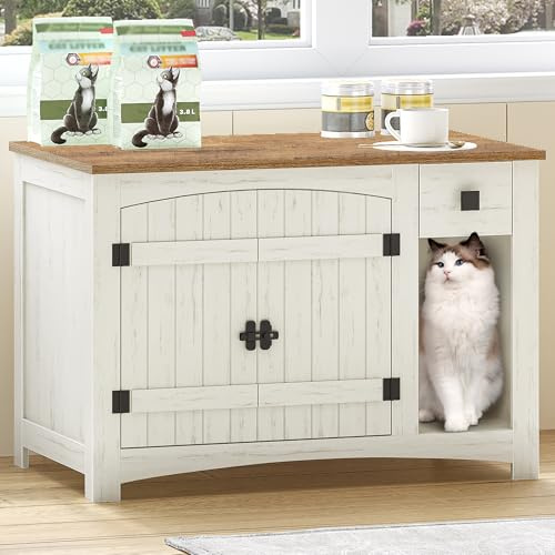 HEXCELEN Katzenklo Schrank, 85 x 50 x 58,2 cm Katzenschrank | Katzentoilette Schrank , Für Katzen, Beistelltisch, für Schlafzimmer und Wohnzimmer, Vintage Bruin-Weiß