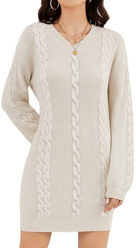 ZLIGXEA Robe Pull Femme Point de Câble - Mini Robe Moulante Manches Longues Col V Élégant - Tissu Maille Serrée Élastique Saison Automne-Hiver 2025 Abricot M