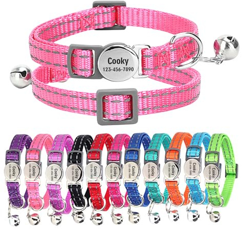 CHRYMPETIC Katzenhalsband aus Nylon mit Namen, personalisierbar, lasergraviert, reflektierender Streifen, charmante Glocke, Schnellverschluss-Schnalle für Kätzchen und Katzen, passende Leine