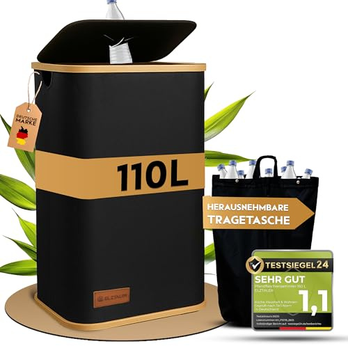 Pfandflaschen Sammelbehälter 110L · Leergut Sammelbehälter & Pfandbehälter | Flaschen Organizer · Recycling Behälter · großes Fach · doppelter Bambusrahmen oben & unten · für Küche, Keller & Garage