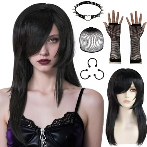 BEKIDER (3 falska piercingar + 1 par näthandskar + 1 halsband + 1 hårnät) Emo peruk för kvinnor kort svart peruk cosplay goth peruker 2000-talet party outfit halloween julfest kostym