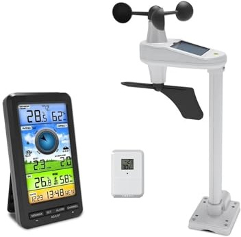 YVAAASIYC Station météo WiFi Anémomètre Thermomètre Intelligent Hygromètre Vitesse du Vent à énergie Solaire Moniteur de Direction des rafales Réveil Snooze