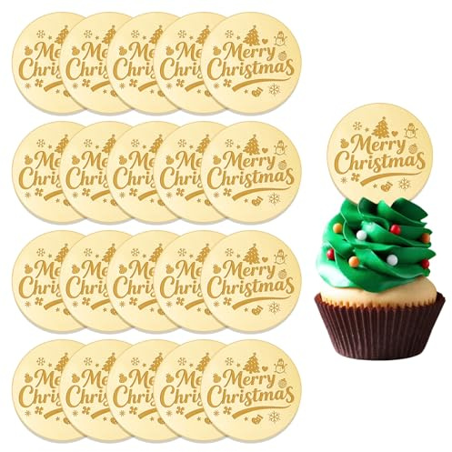 URROMA Decoración para cupcakes de Feliz Navidad, 20 piezas de adornos acrílicos redondos dorados para tartas, árbol de Navidad, lindo muñeco de nieve, discos de pastel para fiestas, suministros de