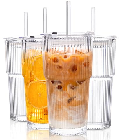KEMORELA 4-Pack 20 oz Ribbed Glass Tumblers with Lids and Glass Straws – Vintage Iced Coffee Cups, Reusable Smoothie & Cocktail Drinking Glasses, Clear Glassware for Home or Cafe