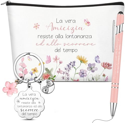 Clabby Set Regalo Migliore Amica e Sorella Natale 1 Borsa per Cosmetici 1 Portachiavi dell'Amicizia con Ciondolo a Forma di Fiore 1 Penna a Sfera per Regalo Migliore Amica Compleanno