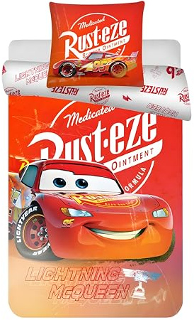 Disney Cars Junior-sängkläder, påslakan, 100 x 135 cm, och örngott, 40 x 60 cm, 100 % bomull, mjukt och ventilerande, Blixten McQueen-sängkläder för barn, baby/juniorsäng