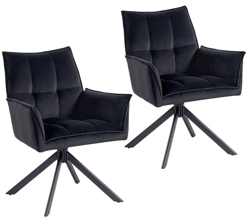 HOMCOM Juego de 2 Sillas de Comedor Giratorias 360°, Sillas de Cocina con Reposabrazos, Respaldo Acolchado, Tapizado en Terciopelo, Patas de Acero, para Oficina, Conferencia, Sala de Estar, Negro