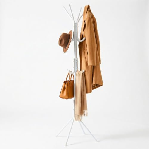 ZUNOVI Perchero de pie metálico con 12 ganchos | Diseño compacto y estable | Ideal para ropa, bolsos y sombreros | Para casa, oficina o recibidor (Blanco)