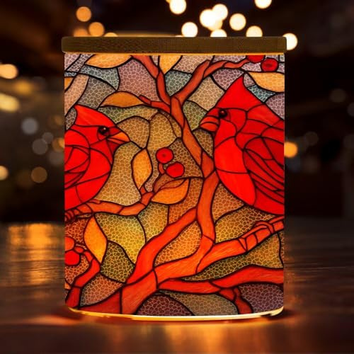 Stained Glass Cardinal Bird Tealight Candle Holder with Bamboo Lid, Xmas Wreath LED Tea Light Jar Candle Holder for Wedding, Birthday, Home Table Decor
