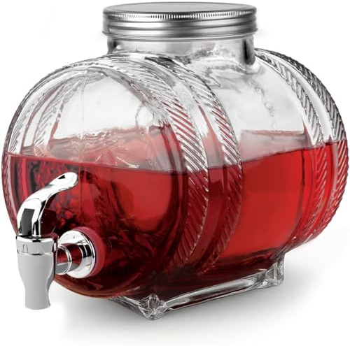 Dispensador de Bebidas de Vidrio en Forma De Barril con Grifo, Tarro de Cristal con Tapa de Aluminio y Grifo para Agua, Whisky, Vino y Refrescos, Ideal para Fiestas, Bodas y Eventos, 2.8 Litros