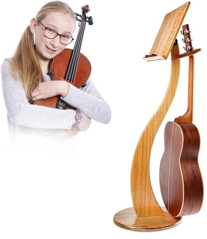 Bambus Notenständer, Holz Notenständer, Notenständer aus Bambus mit Geigenhalterung, klappbarem Design und verstellbarem Winkel for Gitarre, Ukulele und Geige