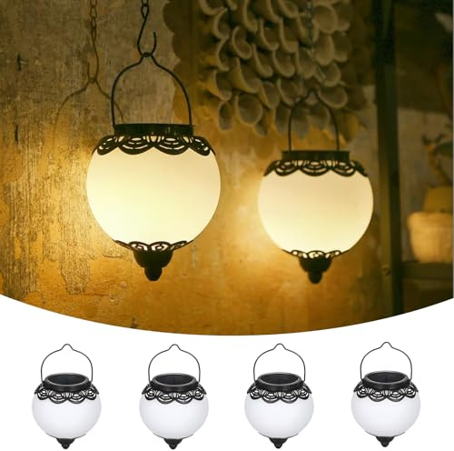 Lámparas solares para exteriores colgantes, 4 unidades, farolillos solares JOYCREATOR para exteriores, IP65, resistentes al agua, con gancho y estaca, bola solar, farolillo vintage para balcón, porche