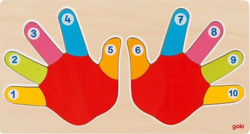 goki 57875 Einlegepuzzle Hände aus Holz, Holzpuzzle mit 10 bunten Fingern, Lernspielzeug und Kinderpuzzle, fördert Fantasie und Motorik, 38cm x 21cm, 14er Set, ab 2 Jahre