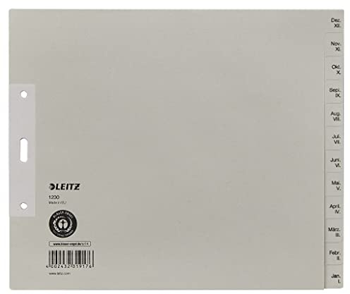 Leitz Register, 12 Trennblätter, Taben mit Monatsdruck Dez-Jan, 5 Stück, Halbe Höhe und Überbreite, Grau, 100% recyceltes Papier, Blauer Engel Siegel, 12303085
