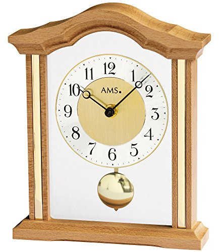 AMS Reloj de mesa de cuarzo con péndulo, pantalla analógica de hora, carcasa de madera de haya maciza, pequeño reloj de pie con péndulo