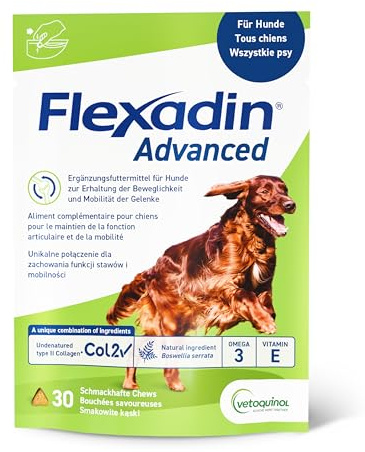 Flexadin Advanced für Hunde | 30 Chews | Ergänzungsfuttermittel zur Unterstützung der Gelenkgesundheit | Mit immunaktivem Kollagen, Omega-3 & Vitamin E | Einfache Verabreichung