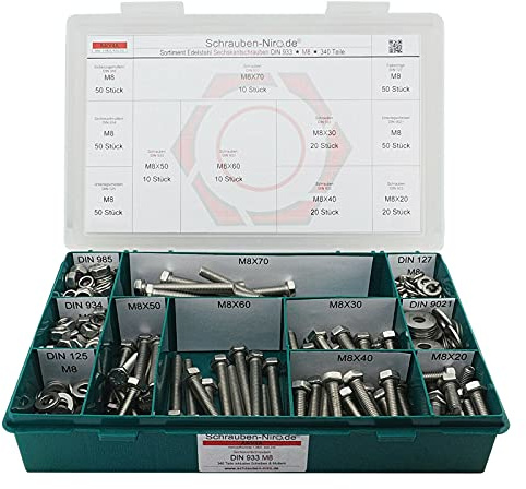 Set Sechskantschrauben DIN 933 M8 Edelstahl A4 V4A mit Muttern + Scheiben | Sortiment M8 DIN 933 mit Gewinde bis Kopf Schrauben Unterlegscheiben DIN 125 127 9021 Muttern DIN 934 985 340 Teile