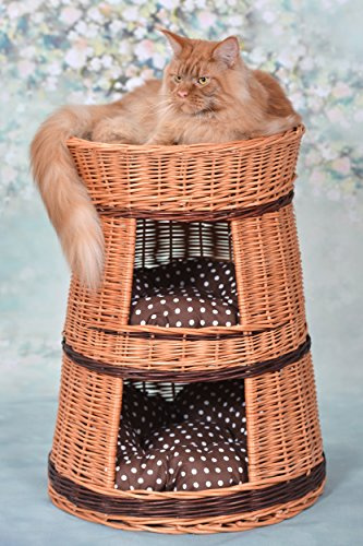 e-wicker24 Alles aus Weide Runde Katzenhütte in Naturfarbe, Katzenkorb aus Weide, Korb für die Katze mit DREI Etagen, Katzenlager mit Kissen, Katzenturm