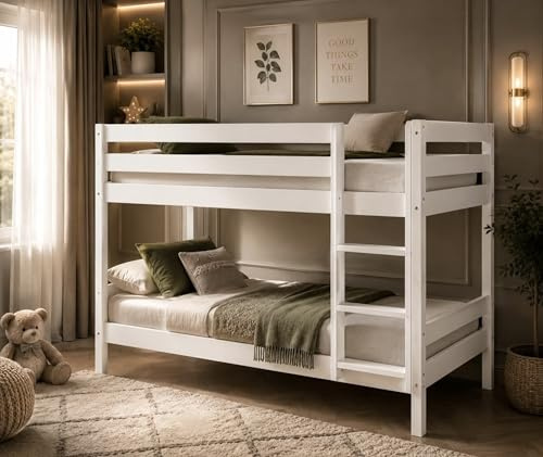 Homeline Weiss Kinderbett Etagenbett mit Rolllattenroste Massiv Hochbett Spielbett Stockbett 90x200 cm Matratzen geeignet