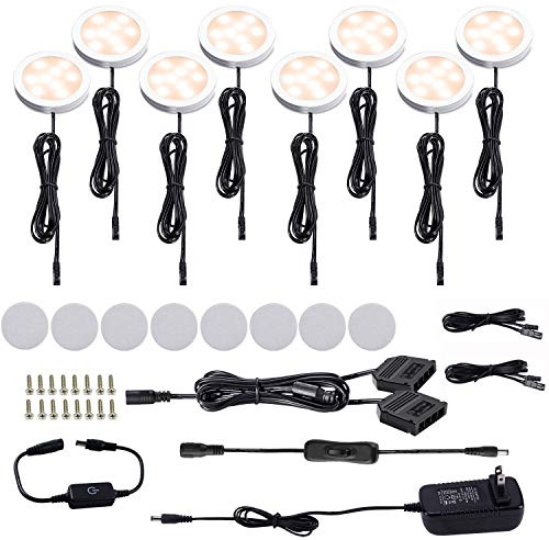 AIBOO LED Under Cabinet Puck Lights Kit with Touch Dimming Switch for Accent Display in Cabinet Lighting (8 Lights,Warm White)