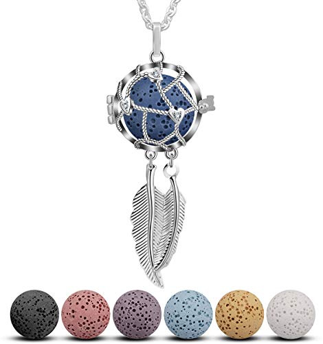 CELESTIA Aromaterapia Collane Donna, Argento Collane Diffusore di Olio Essenziale, Piume Medaglione con 7 Lava, 24 Catena, Aromaterapia Gioielleria, Regalo per l'amante del Profumo