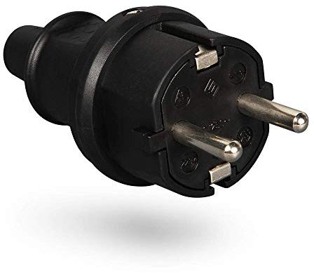 Heitech, spina in gomma con protezione antipiega – spina con contatto di protezione nero, 250 V, 16 A, IP22 per interni – spina Schuko in gomma piena