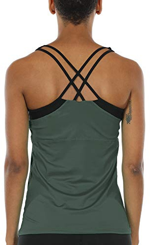 icyzone Top de Yoga para Mujer con Sujetador Integrado y Espalda de Tirantes Cruzados, Humo de Pino, L