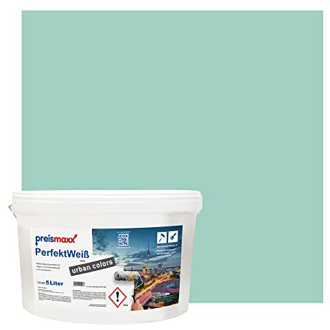 Preismaxx Perfektweiß urban colors, bunte Wandfarbe, grün, minzgrün, mint green 5L, Innenfarbe, hohe Deckkraft Klasse 2, matt