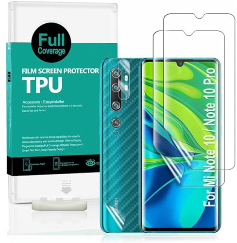 Ibywind Protector de Pantalla para Mi Note 10 / Mi Note 10 Pro [2 Piezas],con Protector de Lente de Cámara,Atrás Pegatina Protectora Fibra de Carbono,[Admite la función de Huella Digital]