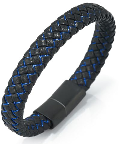 Halukakah ● Solo ● Herren-Armband Handgefertigt | Echtleder Schwarz | Magnetverschluss Edelstahl | Rot Blaue Grün Schnur | KOSTENLOS Geschenkbox| Größe Einstellbar 21.5-23cm