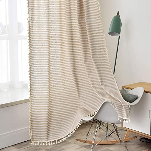 ColorBird Striped Semi-Blackout Window Curtains 2 Panels Farmhouse Style Cotton Linen Darkening Curtains with Tassel Rod Pocket Window Drapes for Dining Living Bedroom (52 W x 84 L, 1 Pair, Beige)