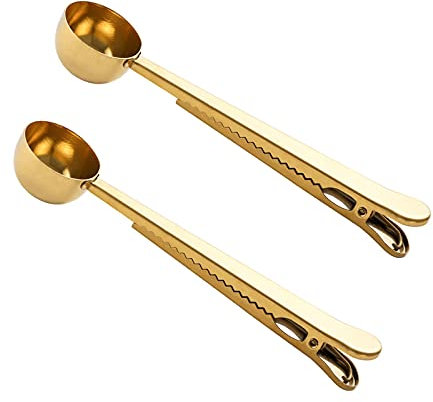 Stainless Steel 1 Tablespoon Measuring Coffee Scoop Spoon with Bag Clip, Set of 2 (Golden)