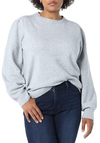 Amazon Essentials Women's Soft Touch Long Sleeve Pleated Shoulder Crewneck Sweater, Grey Heather, Large
